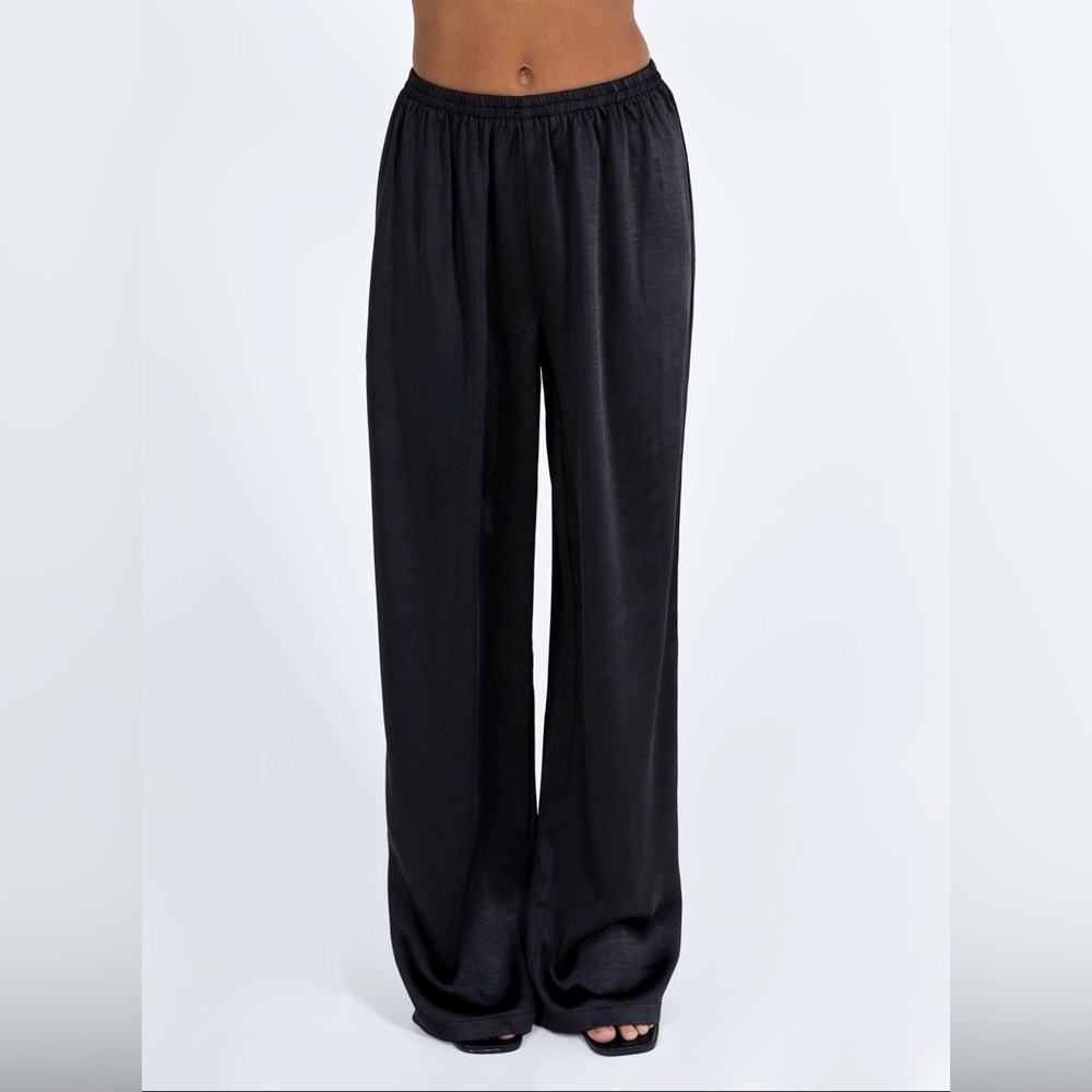 Black Wide-Leg Silk Track Pants